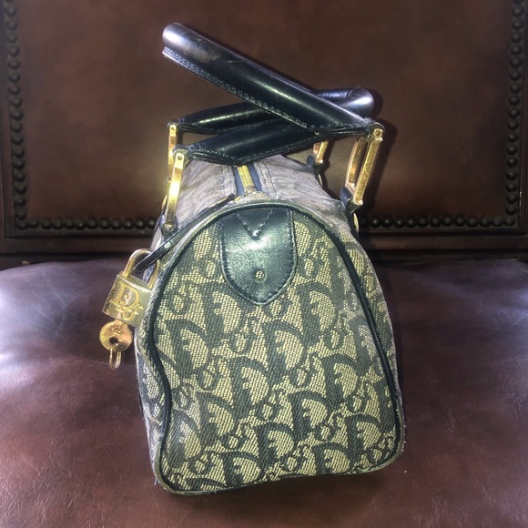 Christian Dior] Blue Logo Denim Leather Boston bag with lock + key - Picture 12 of 16